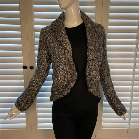 Chunky Open Front DKNYc Sweater Grey M Thick Wool/Alpaca Blend Balloon Sleeve - Picture 1 of 13